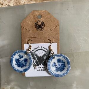 Blue and White Floral Vtg Plate Earrings